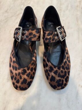 Zara Leopard-Print Mary Jane Flats in Brown and Black with Silver Buckles